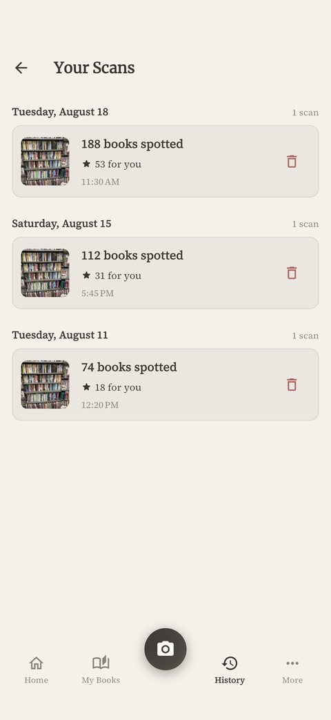 Your Scans: three past shelf scans with books spotted and For You counts