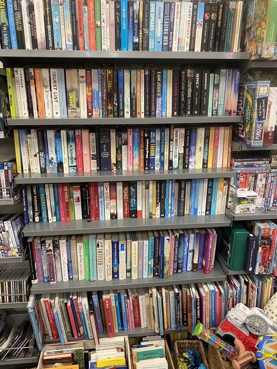 Thrift store bookshelf with three standout books highlighted by Spines